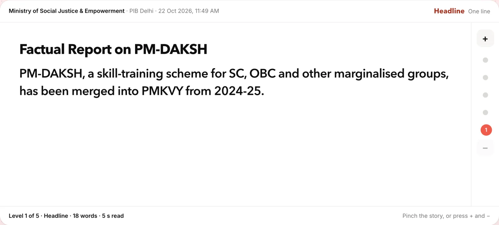 CA Zoom: the PM-DAKSH report at level 1, one line