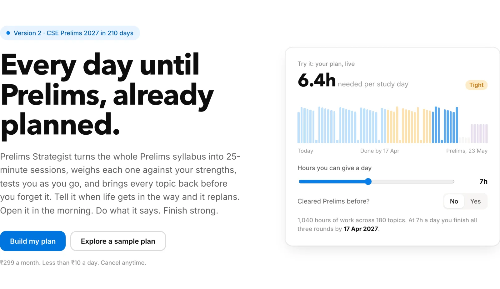 Prelims Strategist: the plan calculator, hours needed per study day and the finish date